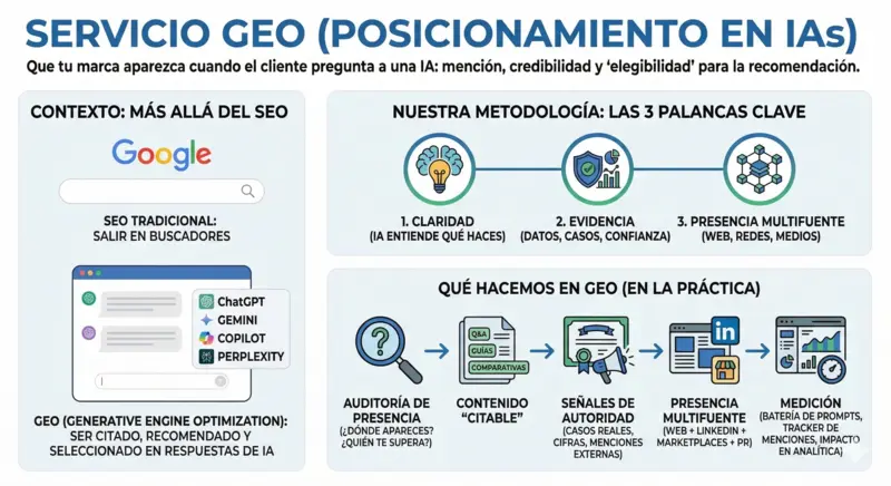 Ilustración del servicio de posicionamiento en resultados de IA (GEO)