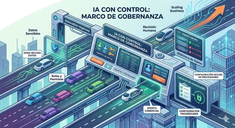 Ilustración de gobernanza, seguridad y cumplimiento normativo de IA