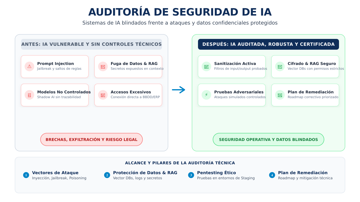 Ilustración de la auditoría de seguridad de IA: escaneo de vulnerabilidades, prompt injection, fuga de datos y control de accesos